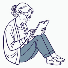 Senior woman sitting using tablet digital device