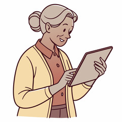 Senior woman using tablet, clean cutout, transparent background