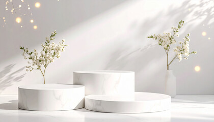 An exhibition space with a pedestal for the product against a bright background with natural light with water and plant decorations.