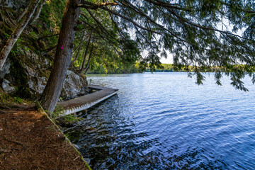 Tranquil view of Solitaire Lake Trail in Huntsville, Ontario, surrounded by lush greenery and calm waters.