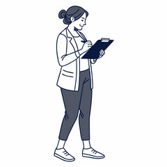 Woman walking and taking notes on clipboard