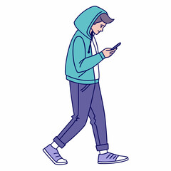 Young man walking using smartphone mobile phone