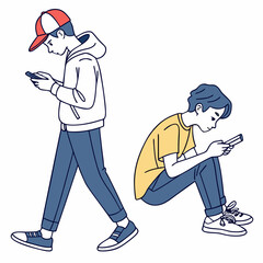 Two teen boys using smartphones outdoors walking sitting