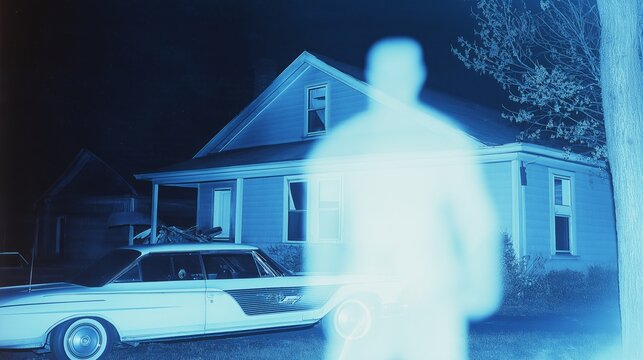 Blurred glowing figure in front of house at night