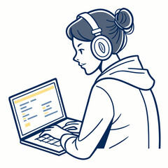 Young woman working on laptop wearing headphones