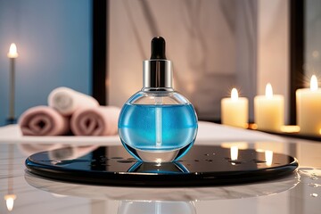 Elegant Blue Serum Dropper Bottle in a Spa Setting