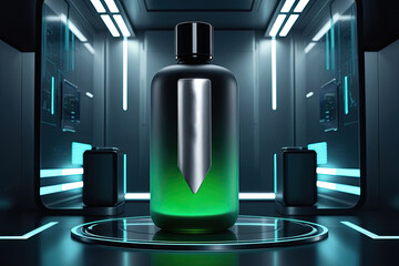 Futuristic perfume bottle with emerald green liquid in a high-tech space