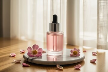 Pink Serum Dropper Bottle with Flowers, Perfect for Beauty Product Stock Photos