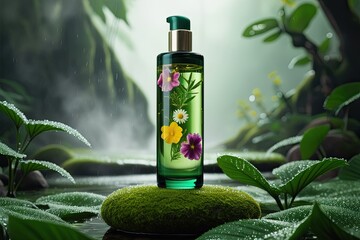 Luxurious Botanical Hair Oil in a Lush Rainforest Setting