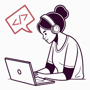 Woman programmer coding on laptop with headphones