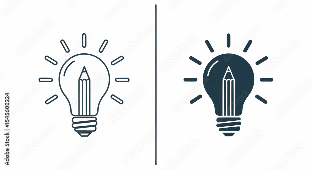 Poster this high-quality vector graphic features two minimalist lightbulb icons (outline and solid dark blu