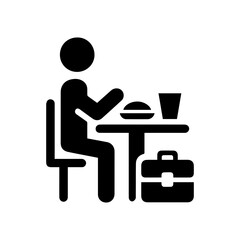 Minimalist black stick figure eating lunch at table, isolated on white. Simple flat vector illustration perfect for office-related designs, apps, stickers, and workplace materials. Clean and versatile