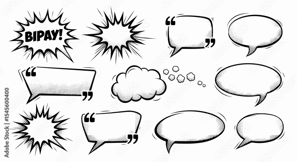 Poster this high-quality vector set features twelve minimalist black halftone speech and thought bubbles (s