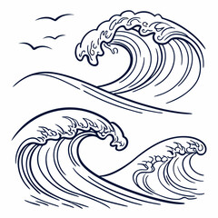 Ocean waves birds line art graphic design
