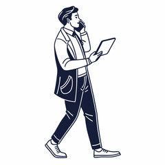 Professional businessman walking phone tablet transparent cutout