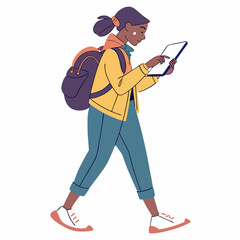 Young woman walking using tablet backpack student