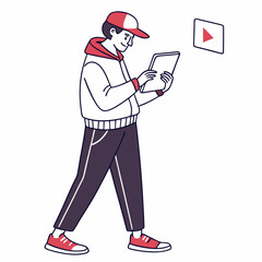 Young man walking using tablet streaming video