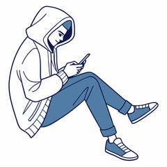 Young man sitting hooded jacket using smartphone