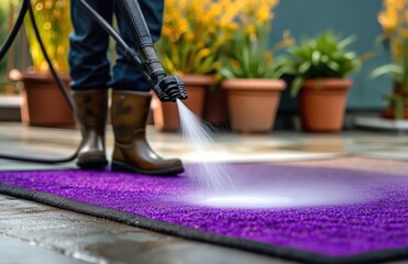 Person cleaning concrete floor with high-pressure spray gun, water splashing on black rubber doormat pieces while wearing work boots and jeans in outdoor garden area, copy space left side, industrial 