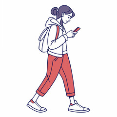 Walking girl student smartphone transparent background