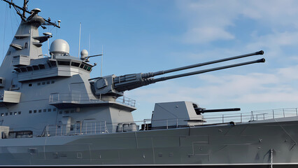 A futuristic, sleek railgun protrudes from the side of a massive, high-tech warship