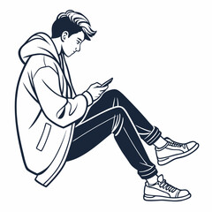 Young man sitting using smartphone clean cutout
