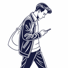 Stylish man walking using smartphone transparent cutout