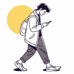 Young man walking using smartphone stylish line art