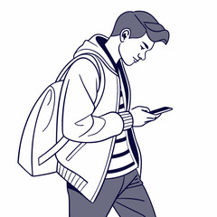Young man walking using smartphone backpack