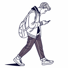 Young man walking smartphone backpack casual style