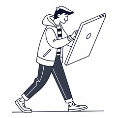 Young man walking using large tablet device