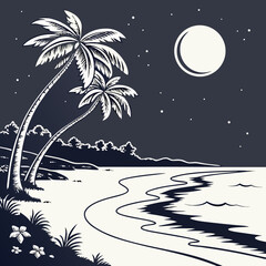 Tropical night scene palm trees ocean moon