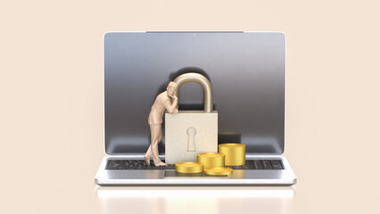 The Lock and coins on Laptop for Security concept 3d Rendering.