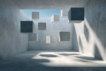 Sunlit concrete chamber with floating cubes casting shadows on the floor and walls