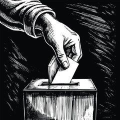 Black and White Line Art Hand Placing Ballot in Wooden Box Voting Election Democracy vector 1