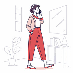 Woman walking and talking on cell phone office