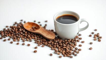 White cup, wooden spoon, coffee beans on white background Minimalist coffee scene,  overhead,  flatlay