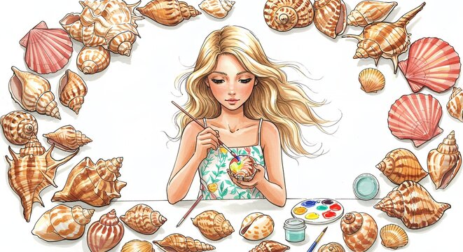 Woman painting seashell with shells around