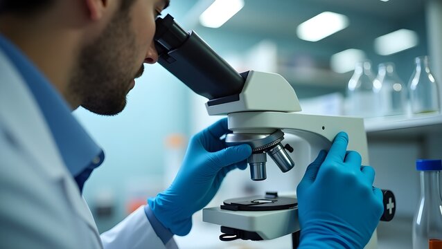 Male scientist looking through the microscope in laboratory