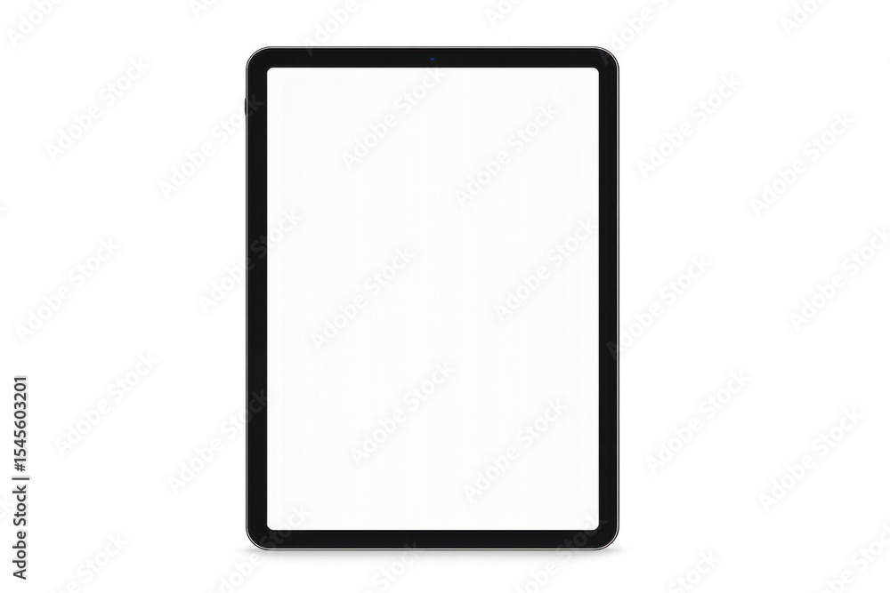 Poster digital tablet displaying blank white screen, resting on transparent background, ready for app or we