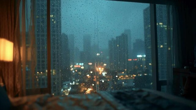 Rainy Night Cityscape Through Window With Soft Warm Light Inside