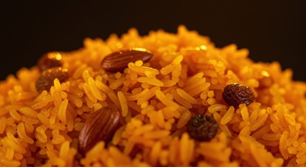 Closeup View Of Golden Spiced Rice With Almonds And Raisins