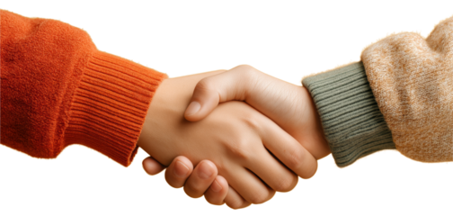 Handshake between two people wearing colorful sweaters  