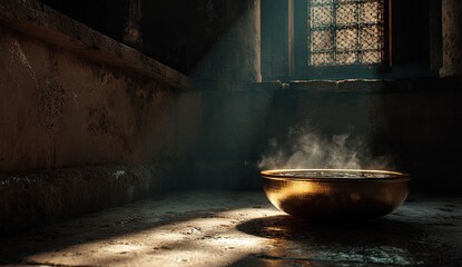 Steaming golden bowl in a dimly lit, aged stone room, sunlight streams through a high window