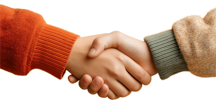 Handshake between two people wearing colorful sweaters  
