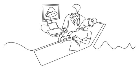continuous line of obstetrician.doctor doing pregnancy examination with baby ultrasound monitor.single line illustration.eps 10