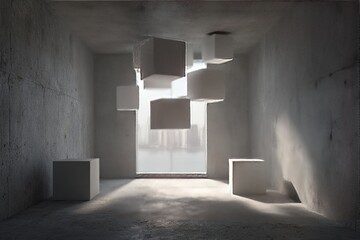 A minimalist concrete room features several floating white cubes suspended from the ceiling and resting on the floor, illuminated by a shaft of light from a window showing a hazy cityscape