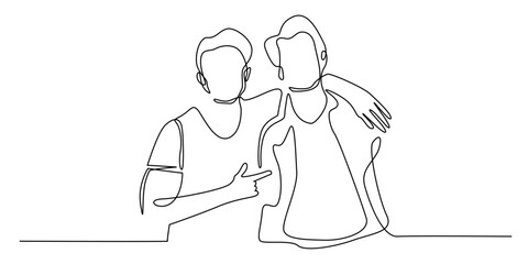 continuous line friendship of 2 adult men.portrait of man embracing friend.single line illustration.eps 10