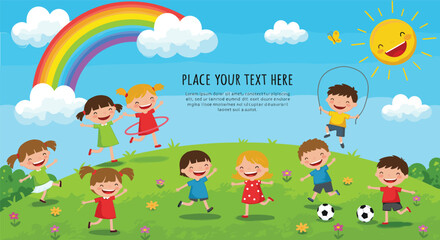 Happy children playing outdoors in park, colorful cartoon kids with rainbow and sun, fun summer activity background for school, kindergarten or daycare illustration