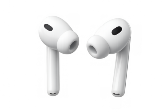 Sleek white wireless earbuds resting on transparent surface, delivering high-quality sound for music and calls